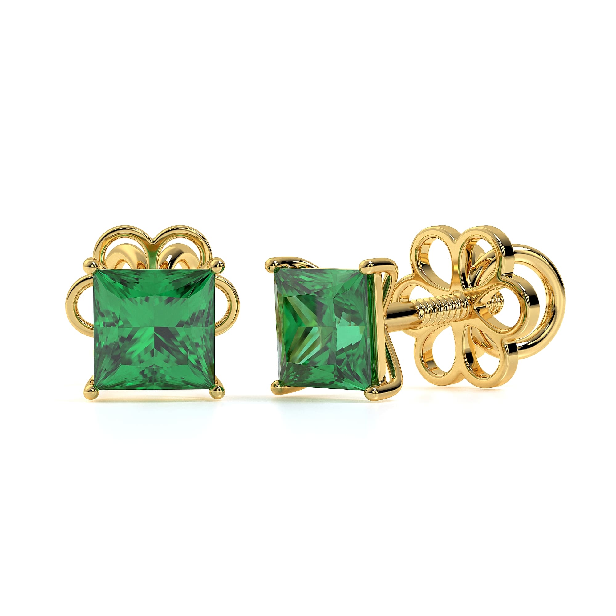 2 carat princess cut diamond earring in 18K gold on reflective surface
