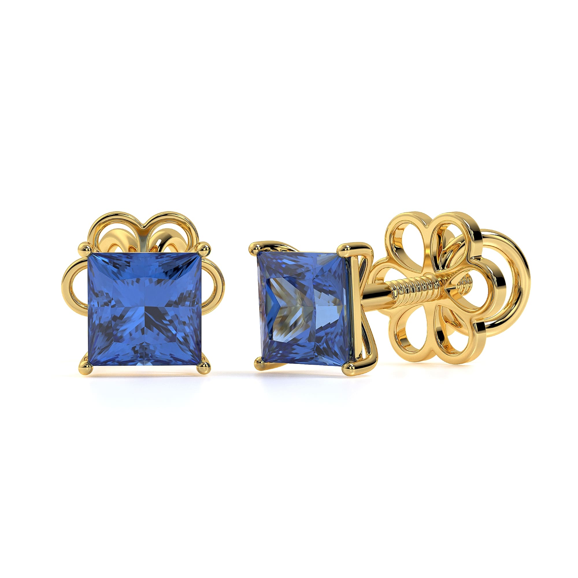 2.50 carat princess cut diamond earring in 18K gold on reflective surface
