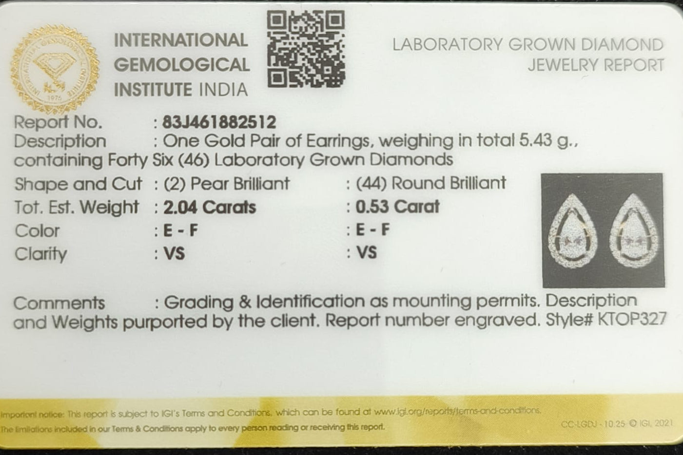 Jewelry report card with International Gemological Institute India details on a black background