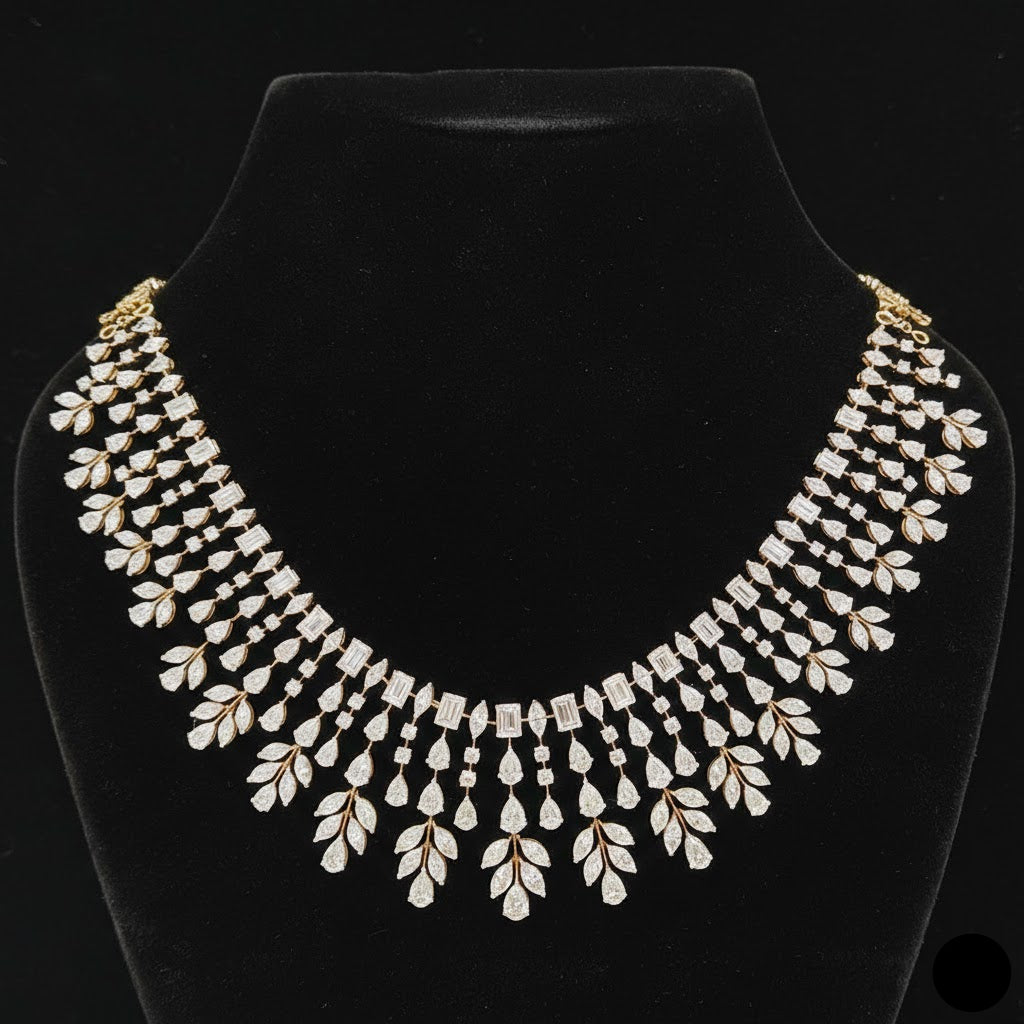 39.02 carat round and fancy shaped diamond necklace in 14K gold on black background

