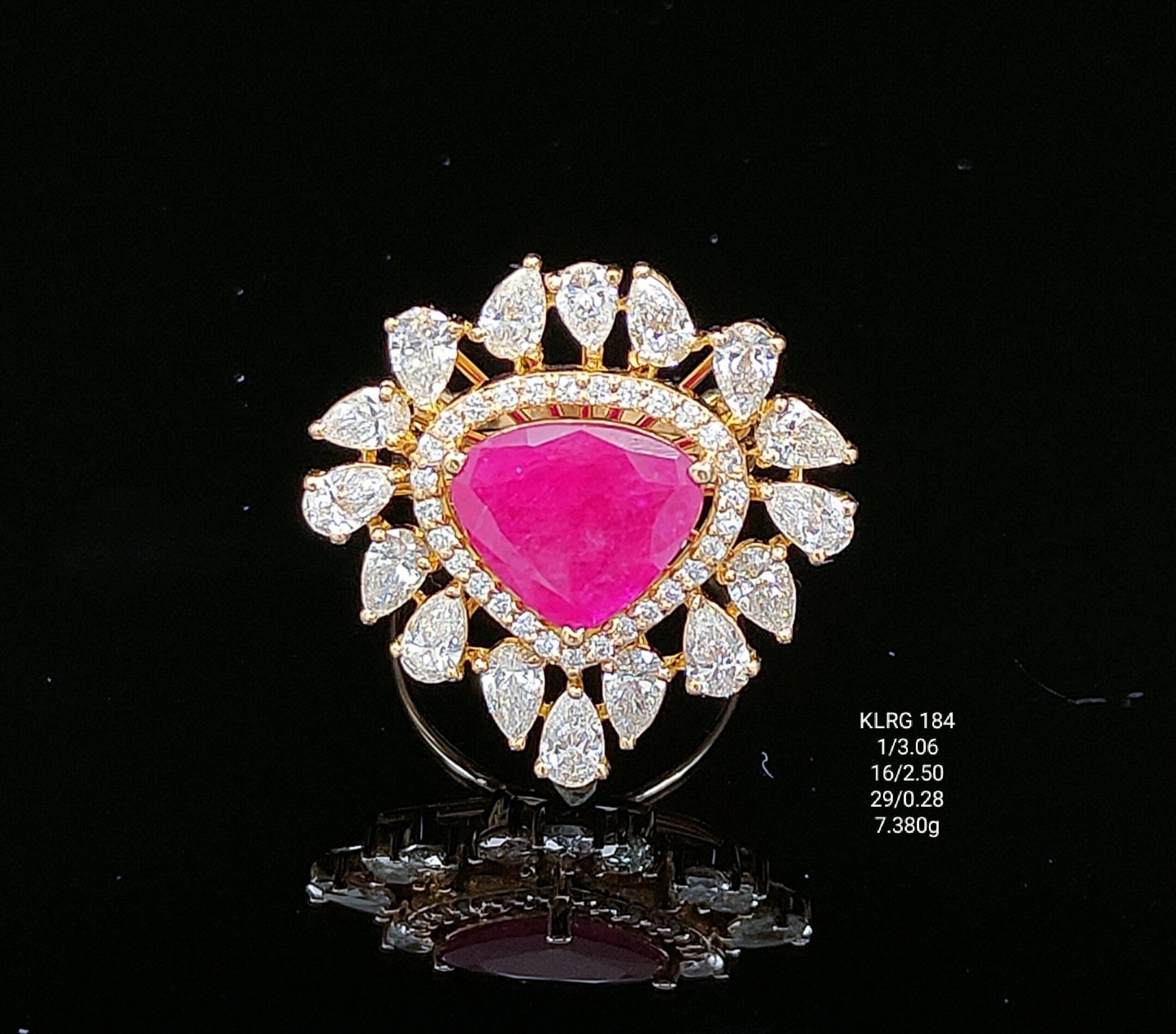Jewelry item with a pink gemstone and diamond accents on a black background