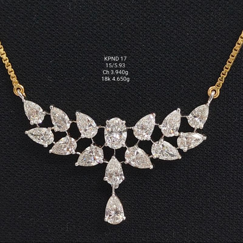 5.93 carat fancy shaped lab-grown diamond pendant in 18kt gold with chain front view
