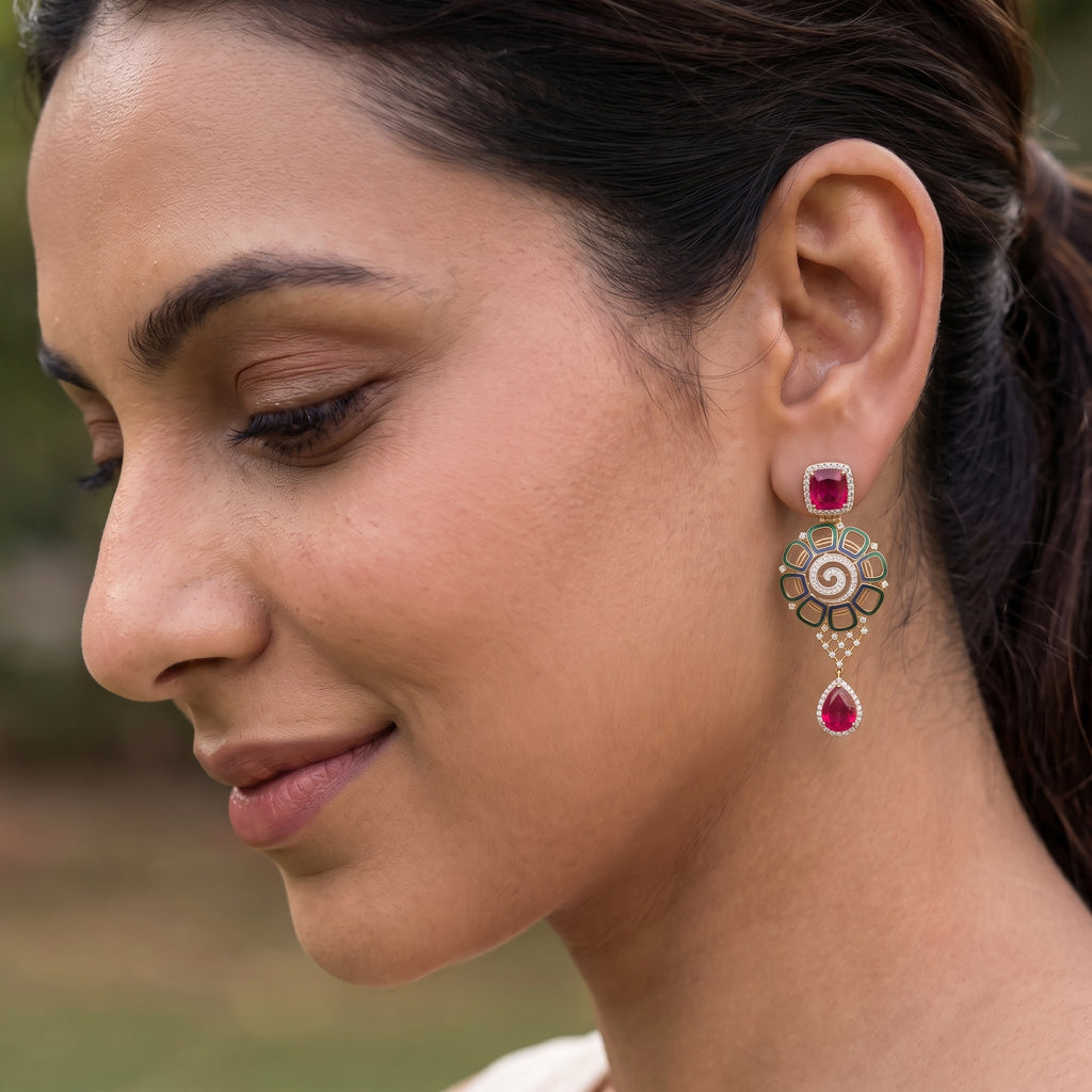 VNCE40198 lab grown diamond earrings worn by model