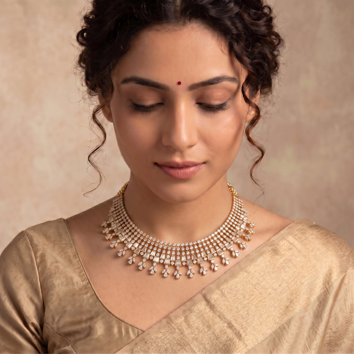 VNCK13873 lab grown diamond necklace worn by model