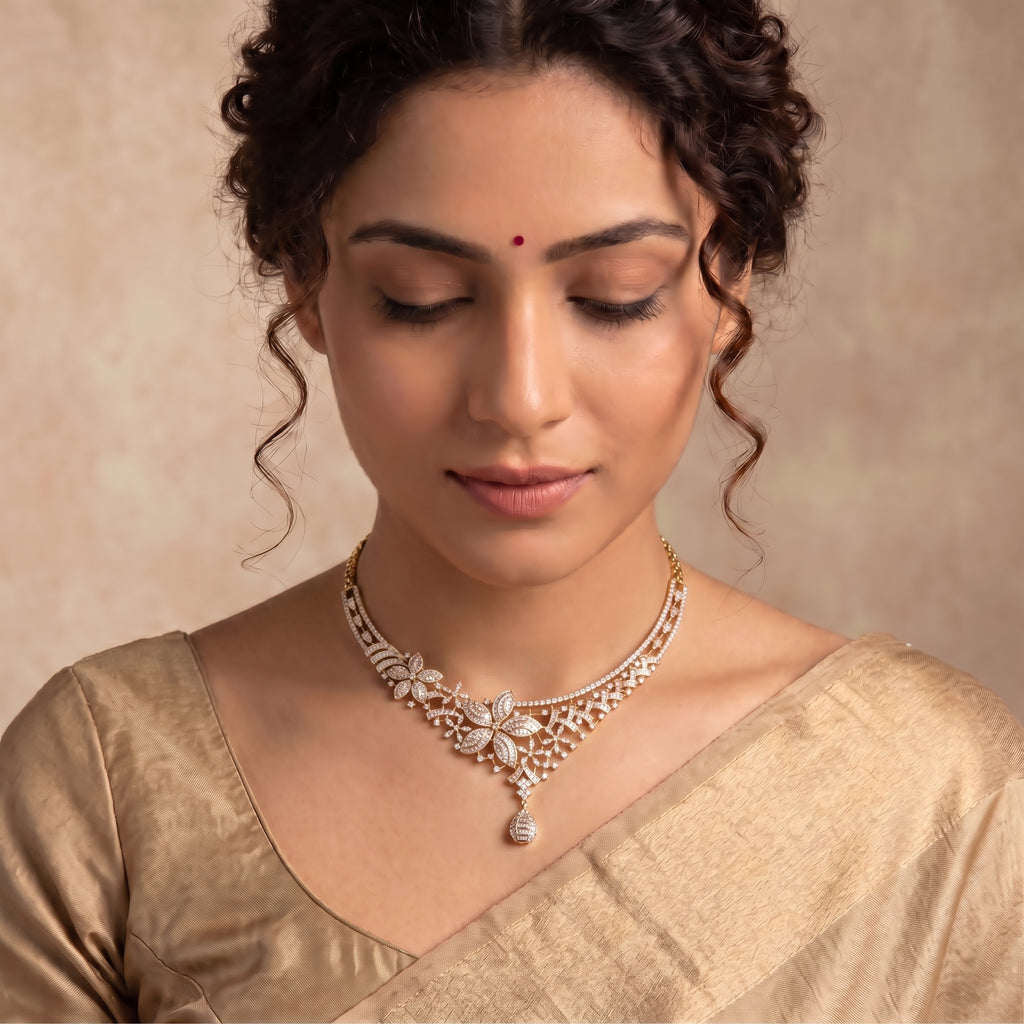 VNCK22326 lab grown diamond necklace worn by model