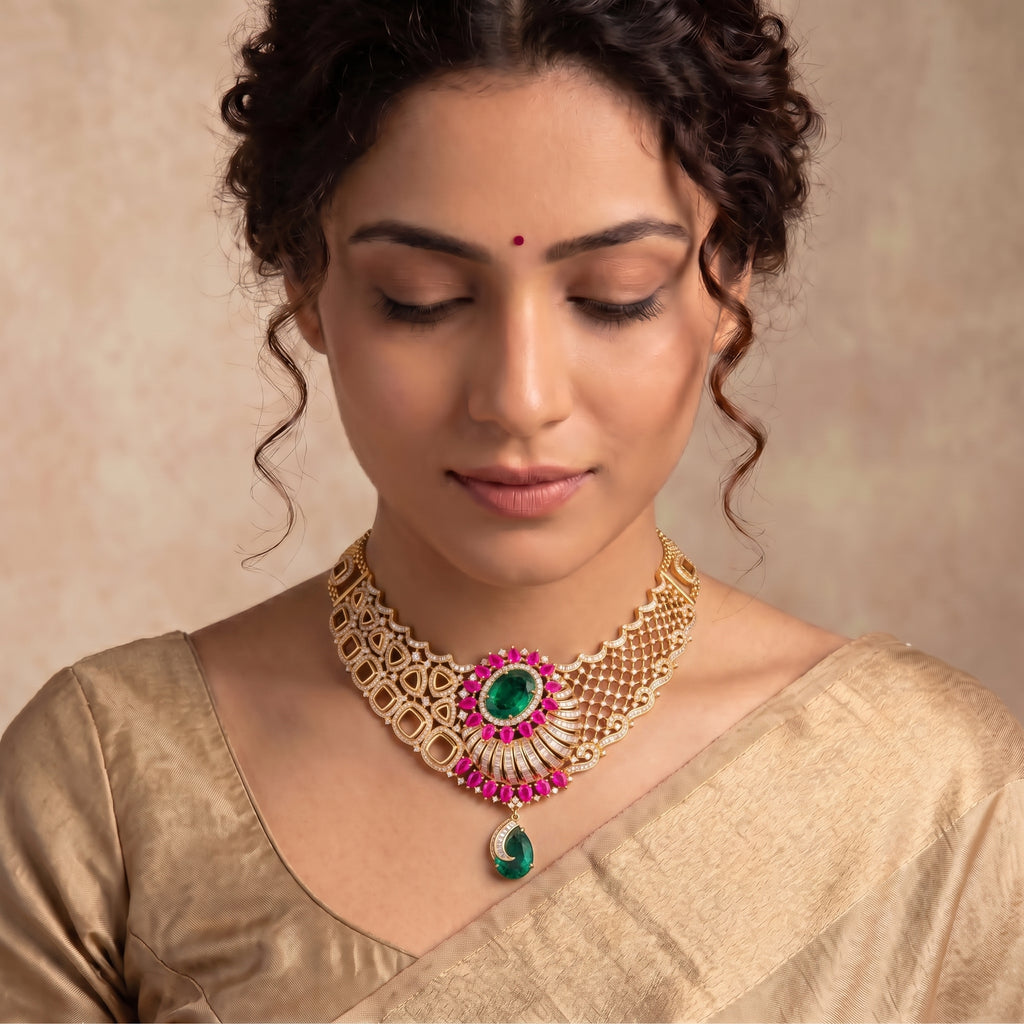 VNCK25460 lab grown diamond necklace worn by model