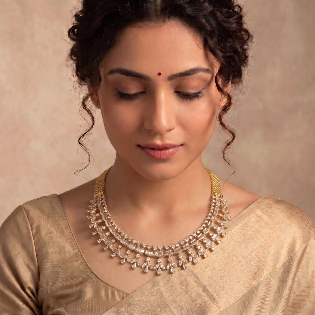 VNCK28150 lab grown diamond necklace worn by model