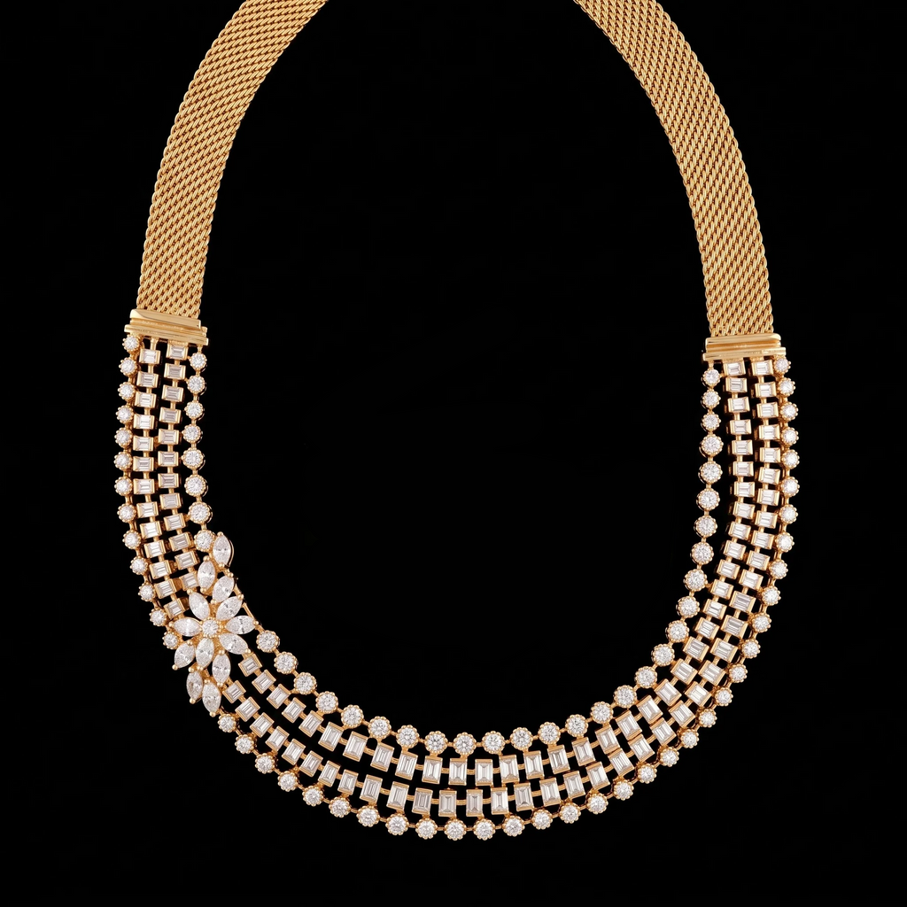 14 carat lab grown diamond five row necklace in 14K yellow gold: five rows of round and baguette diamonds with a marquise star-flower