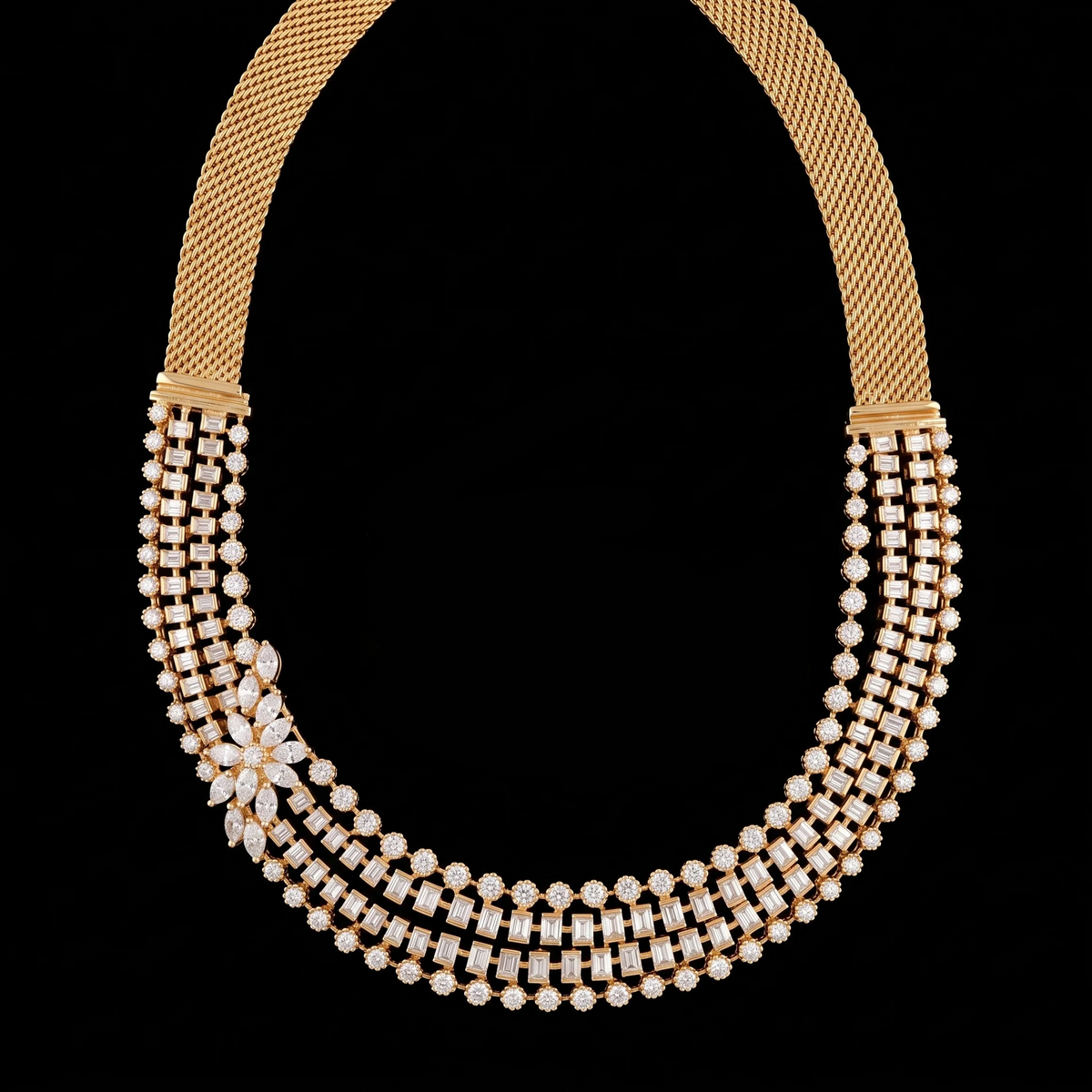 14 carat lab grown diamond five row necklace in 14K yellow gold: five rows of round and baguette diamonds with a marquise star-flower