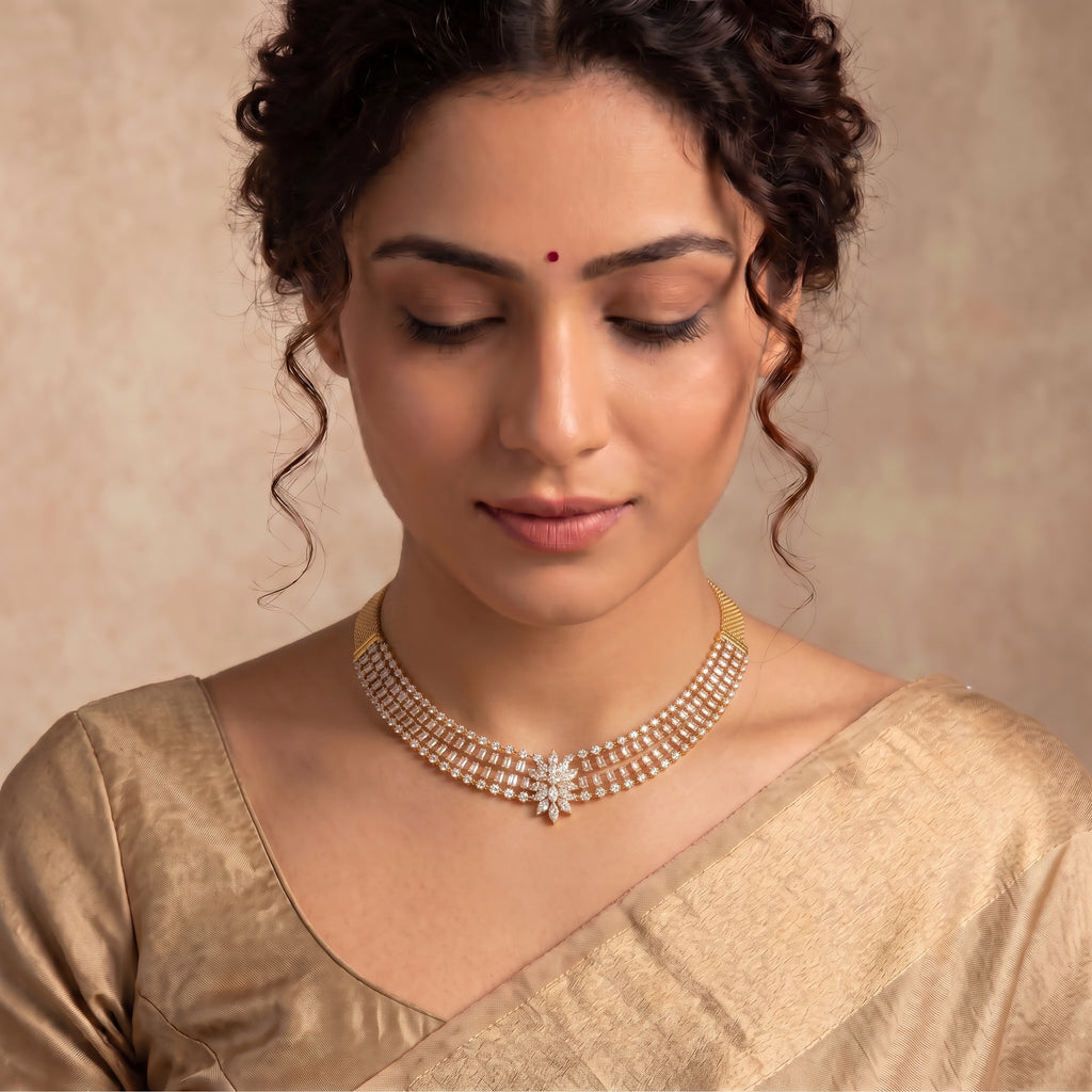 Model wearing 14 carat lab grown diamond five row necklace in 14K yellow gold