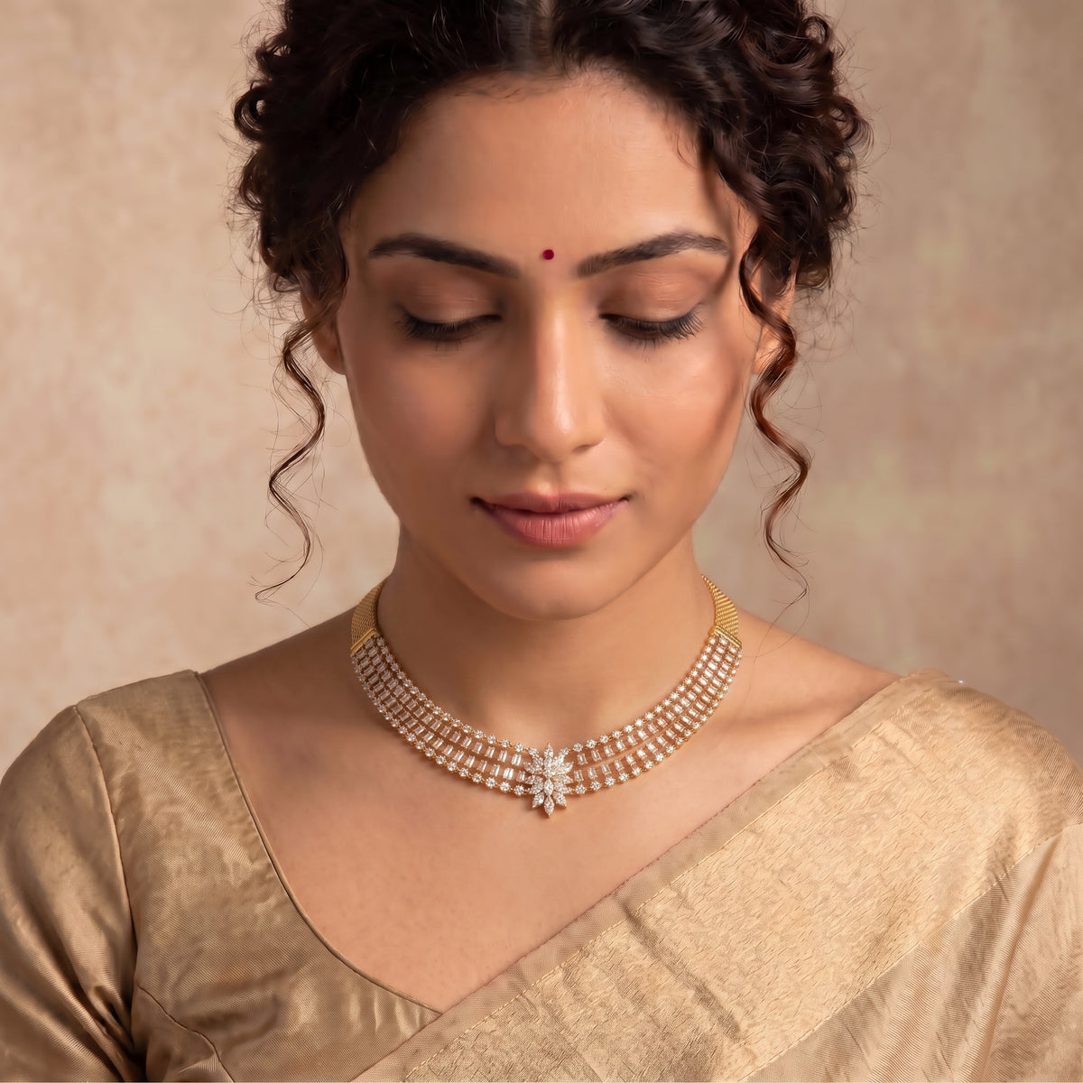 Model wearing 14 carat lab grown diamond five row necklace in 14K yellow gold