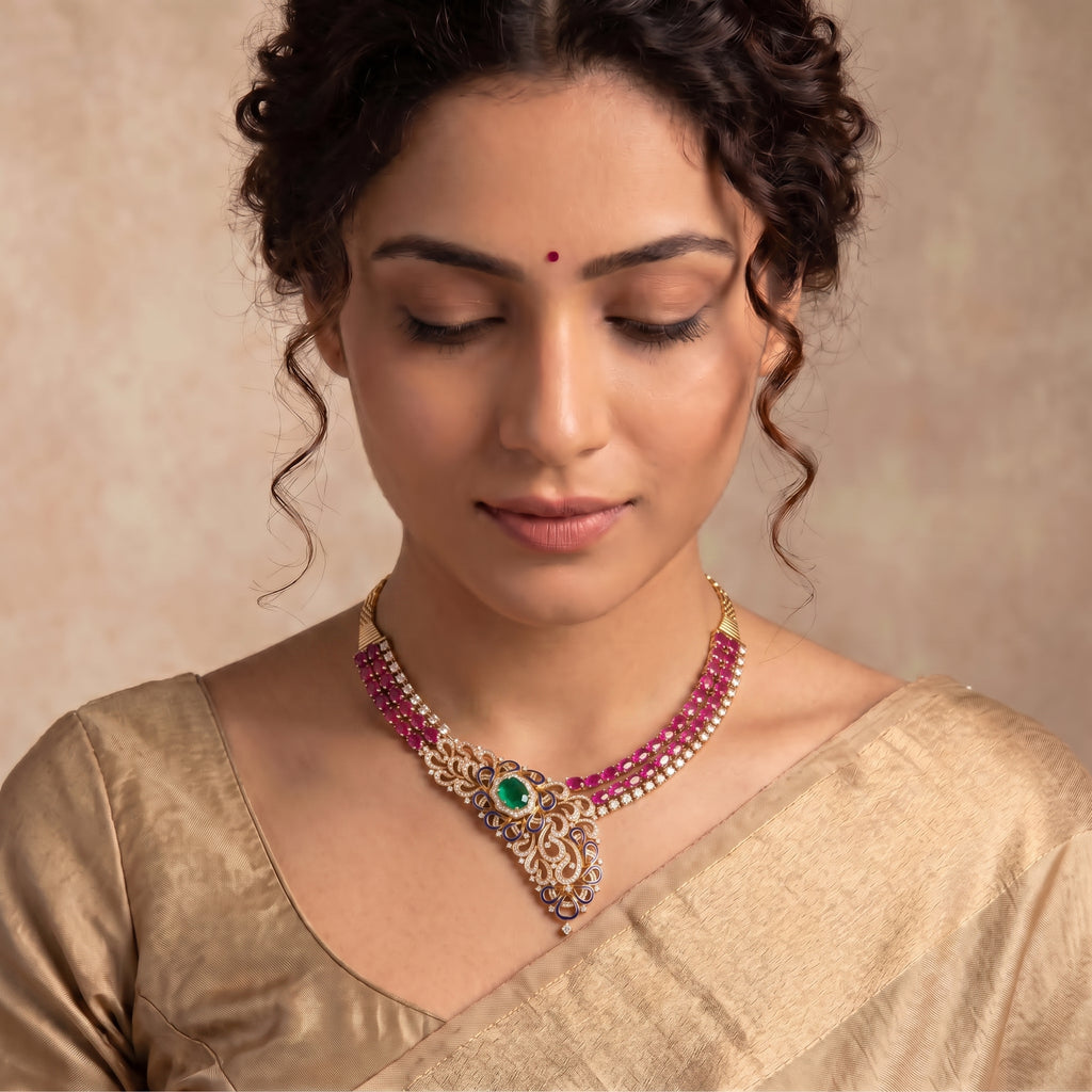 VNCK32271 lab grown diamond necklace worn by model