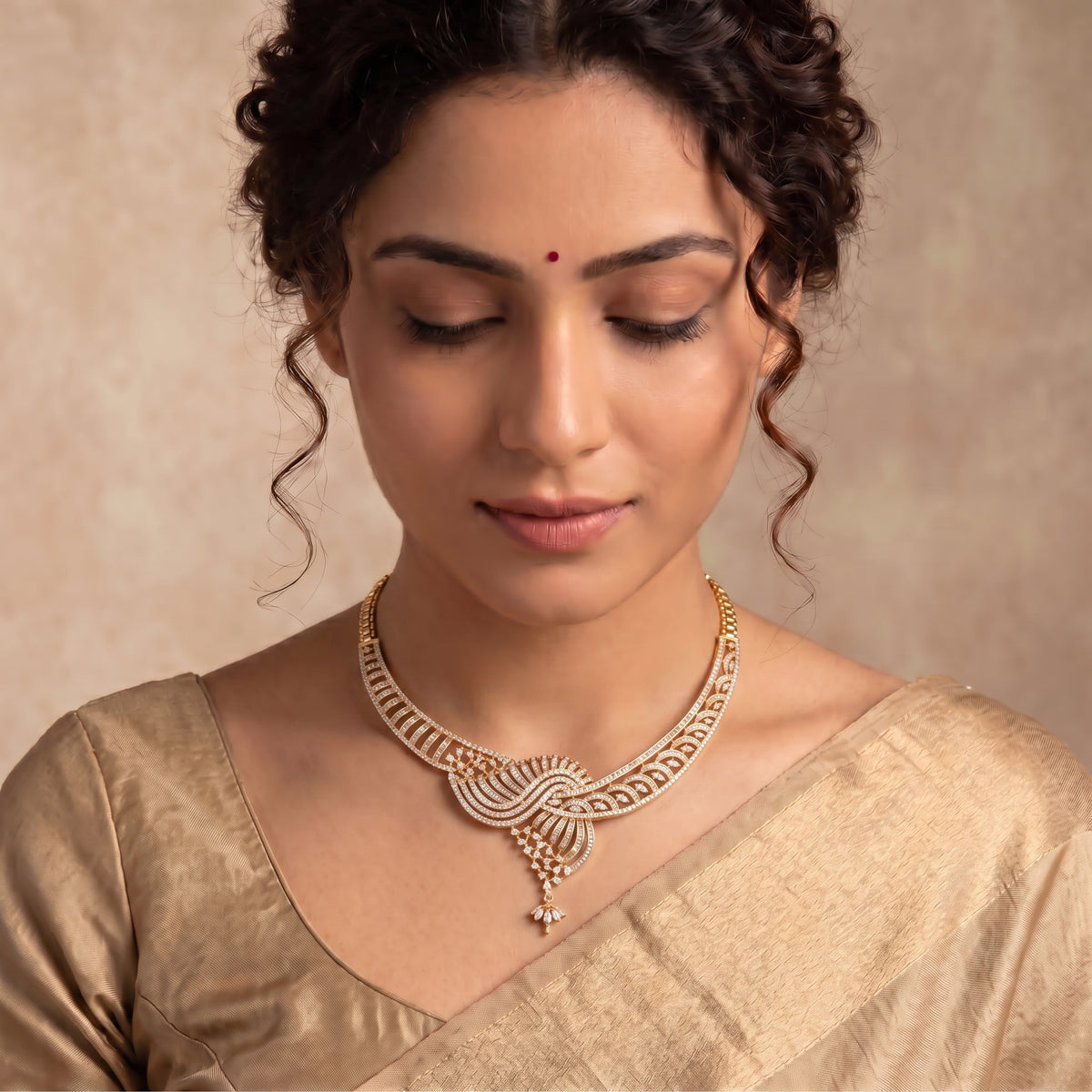 VNCK34038 lab grown diamond necklace worn by model