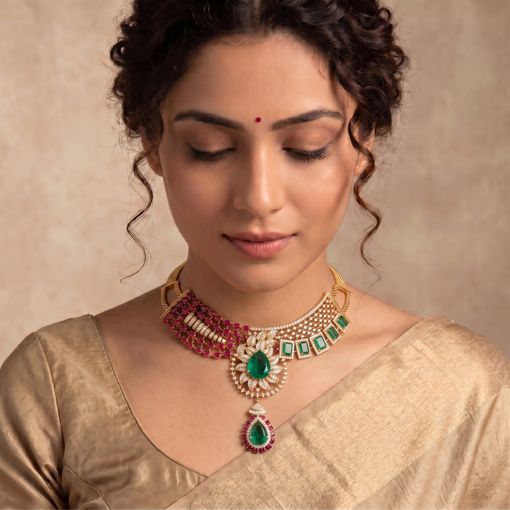 VNCK34060 lab grown diamond necklace worn by model