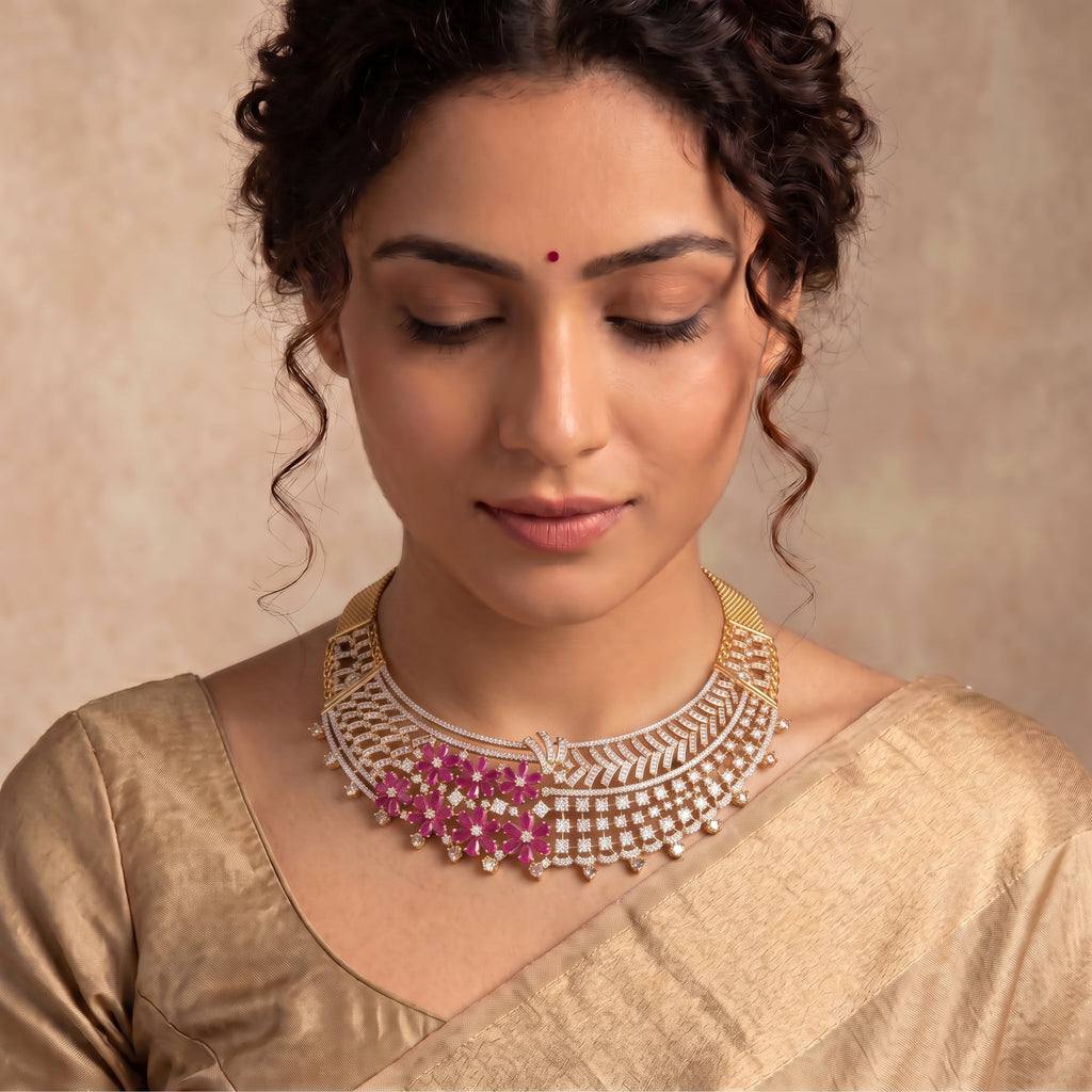 VNCK36345 lab grown diamond necklace worn by model