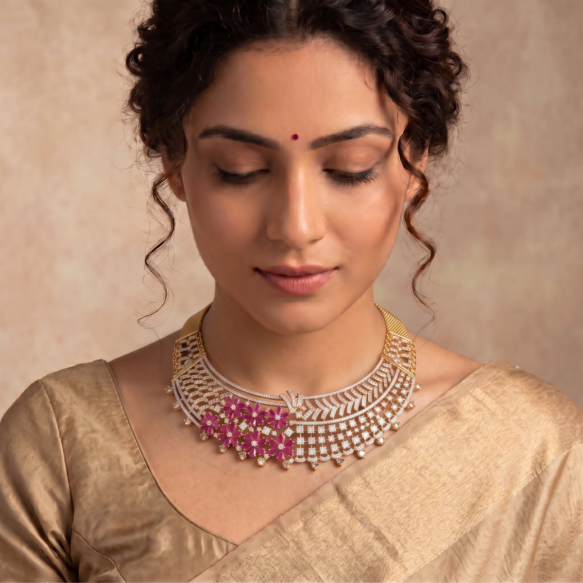 VNCK36345 lab grown diamond necklace worn by model