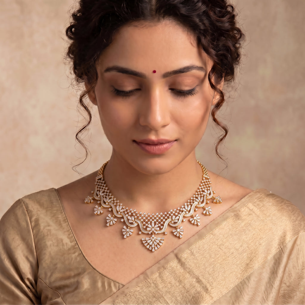 VNCK37281 lab grown diamond necklace worn by model