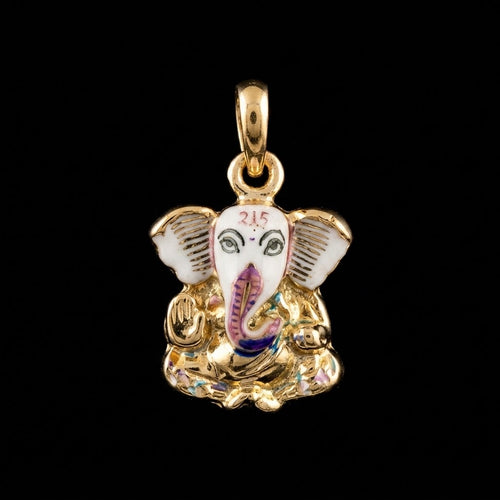 Seated Ganesha pendant in polished 18K yellow gold with white enamel face and pink trunk, 0.10 carat lab grown diamonds