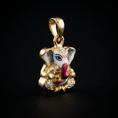 Baby Ganesha pendant in 18K yellow gold with rainbow enamel ears and a pink trunk, 0.10 carat lab grown diamonds