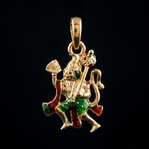 Bajrangbali flying Hanuman pendant in 18K yellow gold with mace, red and green enamel and 0.10 carat lab grown diamonds